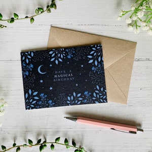Passez une carte d'anniversaire magique - Lune céleste et étoiles d'hiver - Carte de voeux ciel nocturne