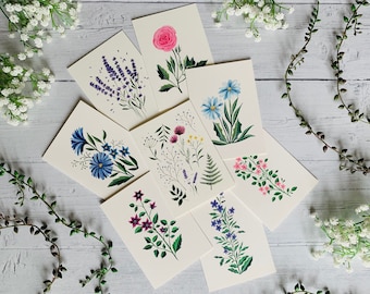 Botanische Kunst Kartenset 8 - Grußkarten Multipack - Aquarell Illustrierte Blumen A6 Set - Botanisch - Jeder Anlass - Innen leer