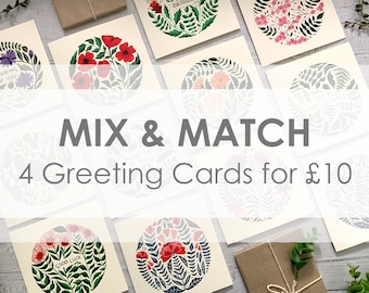 Mix & Match Greeting Cards Pack of 4 - Multipack Art Cards - Floral Watercolour - Botanical Illustration - Birthday - Any Occasion