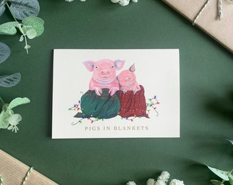 Pigs in Blankets Postcard - Cute Christmas Art for Animal Lovers - Cosy Festive Illustrated Card - Xmas 2022