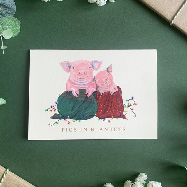 Pigs in Blankets Postcard - Cute Christmas Art for Animal Lovers - Cosy Festive Illustrated Card - Xmas 2022