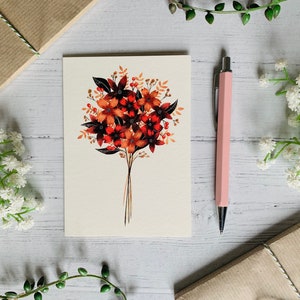 Fall Bouquet Postcard - Watercolour Autumn Flowers Notecard - Nature Illustrated - Neutral Tonal Botanical Art Card - Small Art Print