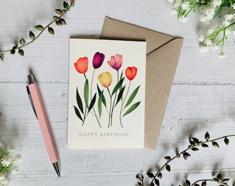 Biglietto d'auguri di buon compleanno con tulipani - Biglietto artistico con illustrazione floreale giardino luminoso - Fiori ad acquerello - Regalo per giardinieri
