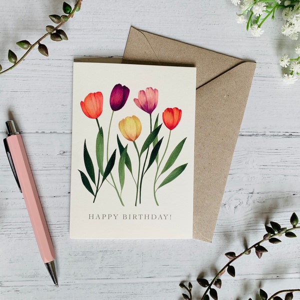 Biglietto d'auguri di buon compleanno con tulipani - Biglietto artistico con illustrazione floreale giardino luminoso - Fiori ad acquerello - Regalo per giardinieri