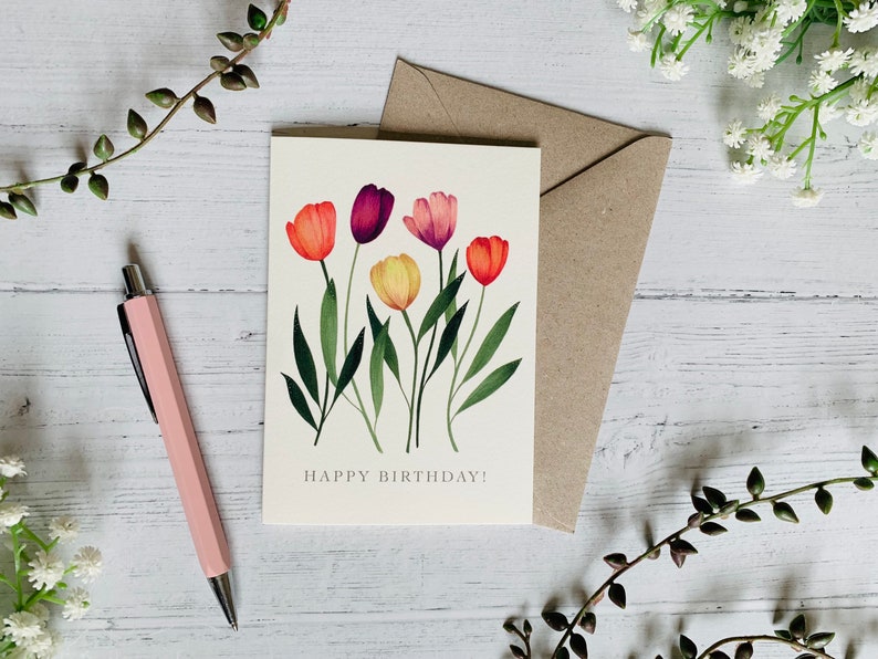 Tulips Happy Birthday Greeting Card Bright Garden Floral Illustration Art Card Watercolour Flowers Gift for Gardeners image 1