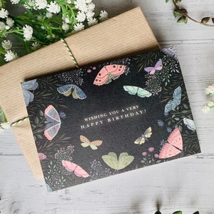 Night Moths Happy Birthday Card Floral Illustrated Card Dark Academia Style Art Butterflies and Flowers Card for Her image 1