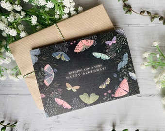 Night Moths Happy Birthday Card - Floral Illustrated Card - Dark Academia Style Art - Butterflies and Flowers Card for Her