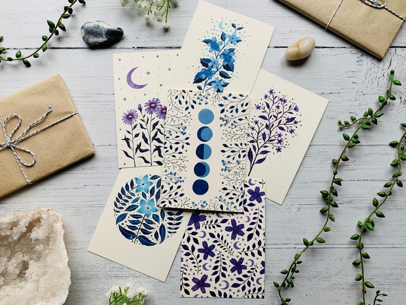 Moonflower Circle Greeting Card - Cosmic Moon and Stars Floral ...