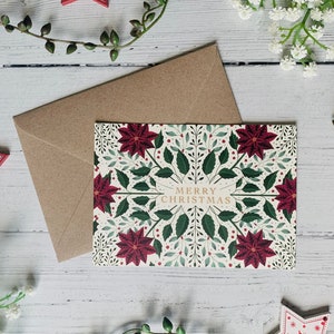 Botanical Christmas Card Poinsettia Holly Mistletoe Illustrated Xmas Art Holiday Greeting Card Kraft Envelope Included image 2