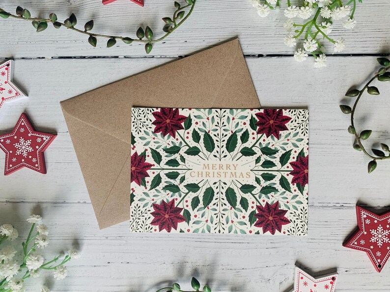 Botanical Christmas Card Poinsettia Holly Mistletoe Illustrated Xmas Art Holiday Greeting Card Kraft Envelope Included image 2