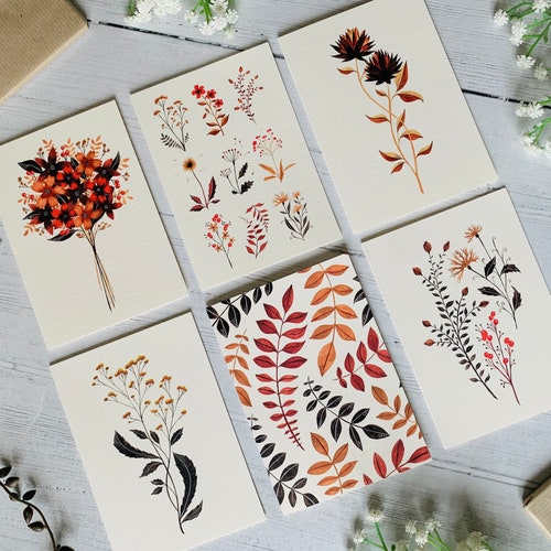 Seasonal Autumn Foliage Greeting Cards Pack of 6 - Fall Botanical Illustration Art Multipack - Watercolour - Any Occasion - Thanksgiving