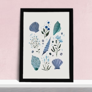 Blaue Küsten Wildblumen und Muscheln Art Print - Strand Muscheln Poster - Aquarell Illustration Künstler Druck - A5, A4 oder A3