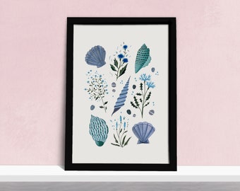 Blue Coastal Wildflowers and Shells Art Print - Beach Seashells Poster - Watercolour Illustration Artists Print - A5, A4 or A3