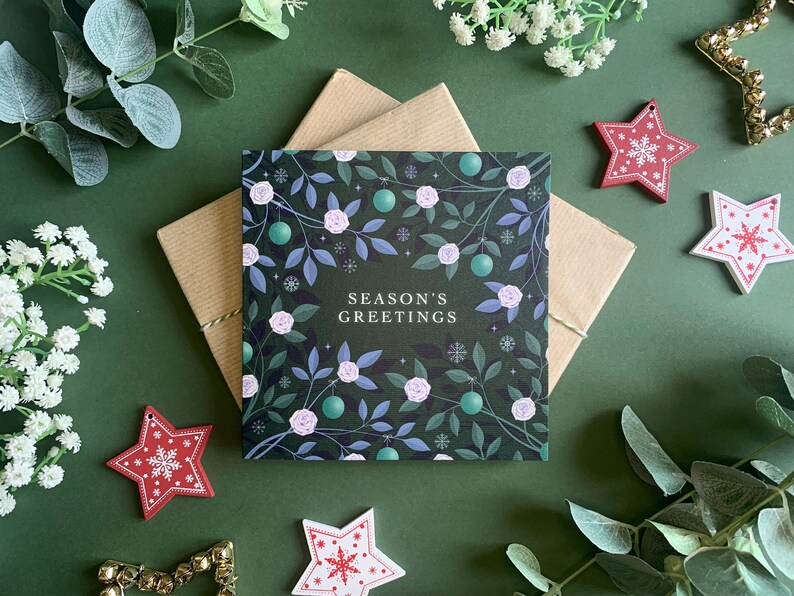 Baubles and Roses Tree Christmas Card Seasons Greetings Green and Blue Roses Luxury Xmas Floral Holiday Card Kraft Envelope Included image 2