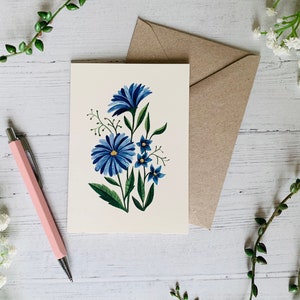 Carte de voeux botanique - oeuvre d'art illustré florale de fleurs sauvages - aquarelle de fleurs bleues - A6 - intérieur vierge - enveloppe incluse