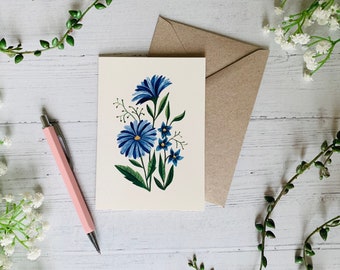 Botanical Greeting Card - Floral Wildflower Illustrated Art - Watercolour Blue Flower - A6 - Blank Inside - Envelope Included