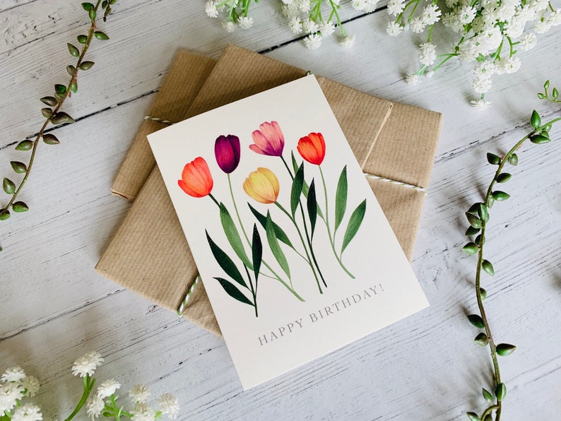 Tulips Happy Birthday Greeting Card Bright Garden Floral Illustration Art Card Watercolour Flowers Gift for Gardeners image 2