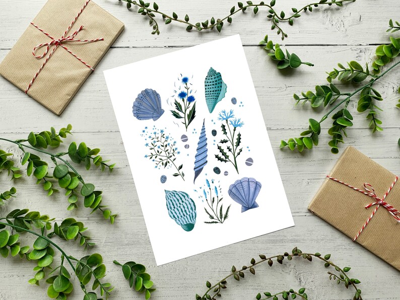 Blue Watercolour Illustration Artists Print A5 Coastal Wildflowers and Shells Art Print A4 or A3 Beach Seashells Poster