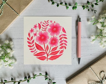 Carte postale rose rose - Aquarelle Carte d’art floral lumineux - Style folklorique vibrant - Nature illustrée - Notecard botanique - Petits caractères