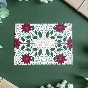 Festive Botanicals Postcard - Christmas Rose Poinsettia Mistletoe Pattern - Cosy Festive Illustrated Card - Xmas 2022