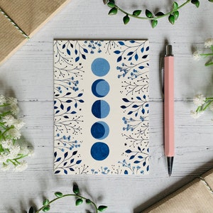 Moon Phases Postcard - Moon and Stars - Blue Floral Nature Illustrated - Watercolour Flowers and Leaves Notecard - A6 Card - Small Art Print