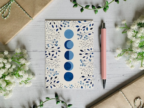 Moon Phases Postcard - Moon and Stars - Blue Floral Nature Illustrated - Watercolour Flowers and Leaves Notecard - A6 Card - Small Art Print