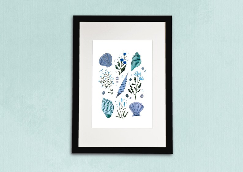 Blue Watercolour Illustration Artists Print A5 Coastal Wildflowers and Shells Art Print A4 or A3 Beach Seashells Poster