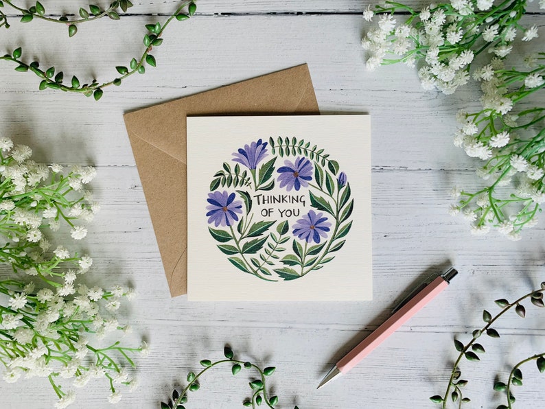 Thinking of You Floral Greeting Card Sympathy Just Because Watercolour Illustrated Botanical Card Blank Inside image 1