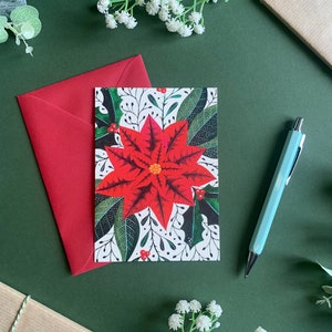 Carte de Noël Poinsettia Holly Mistletoe - Art illustré de Noël botanique - A6 - Intérieur vierge - Enveloppe incluse