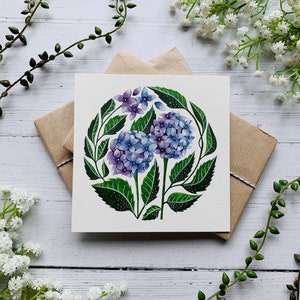 Hortensie Postkarte - Blaue und Lila Blume - Sommer Blumen Aquarell Karte - Natur - Illustriert - Botanische Karte - Kleiner Kunstdruck