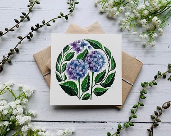 Hydrangea Postcard - Blue and Purple Flower - Summer Floral Watercolour Card - Nature - Illustrated - Botanical Notecard - Small Art Print