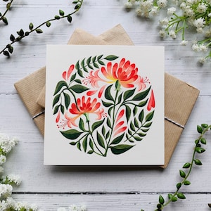Geißblatt Postkarte - Aquarell Rote Blumen Karte - Natur - Illustrierte Blume - Botanische Karte - Kleiner Kunstdruck