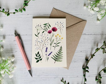 Wildflowers Greeting Card - Botanical Illustrated Art - Watercolour Floral - A6 - Pressed Flowers - Blank Inside - Envelope Included