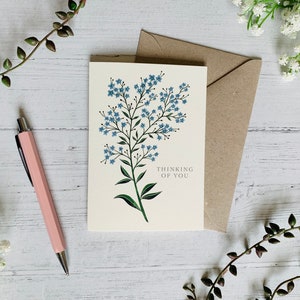 Vous pensez à vous carte de voeux - carte d'art illustration florale jardin myosotis - aquarelle fleur - cadeau attentionné pour jardiniers