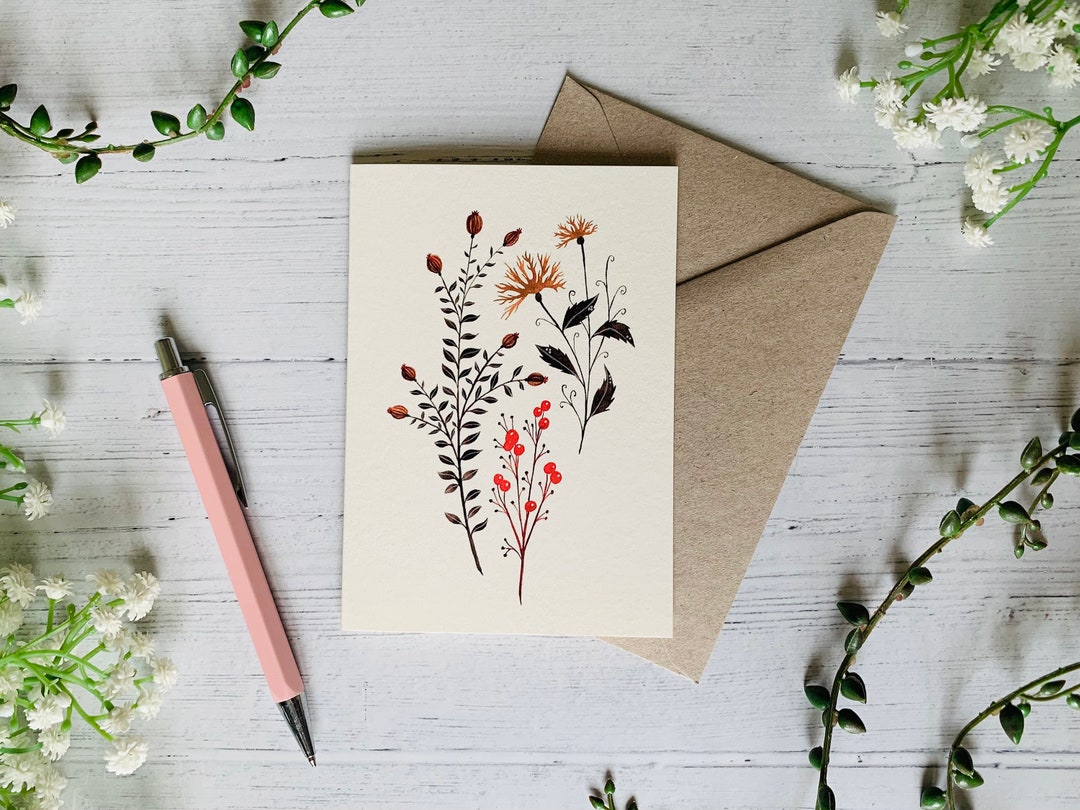 Autumnal Botanical Greeting Card - Fall Floral Illustrated Art ...