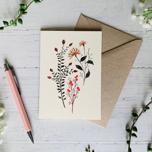Carte de voeux botanique automnale - Art floral illustré d'automne - aquarelle ton neutre - A6 - intérieur vierge - enveloppe incluse