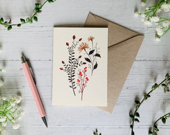 Autumnal Botanical Greeting Card - Fall Floral Illustrated Art - Watercolour Neutral Tonal - A6 - Blank Inside - Envelope Included