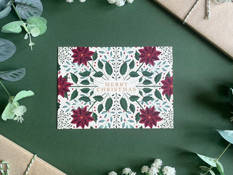 Botanical Christmas Card Poinsettia Holly Mistletoe Illustrated Xmas Art Holiday Greeting Card Kraft Envelope Included image 4