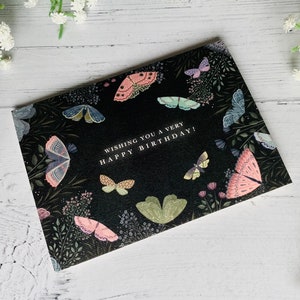 Night Moths Happy Birthday Card Floral Illustrated Card Dark Academia Style Art Butterflies and Flowers Card for Her image 5