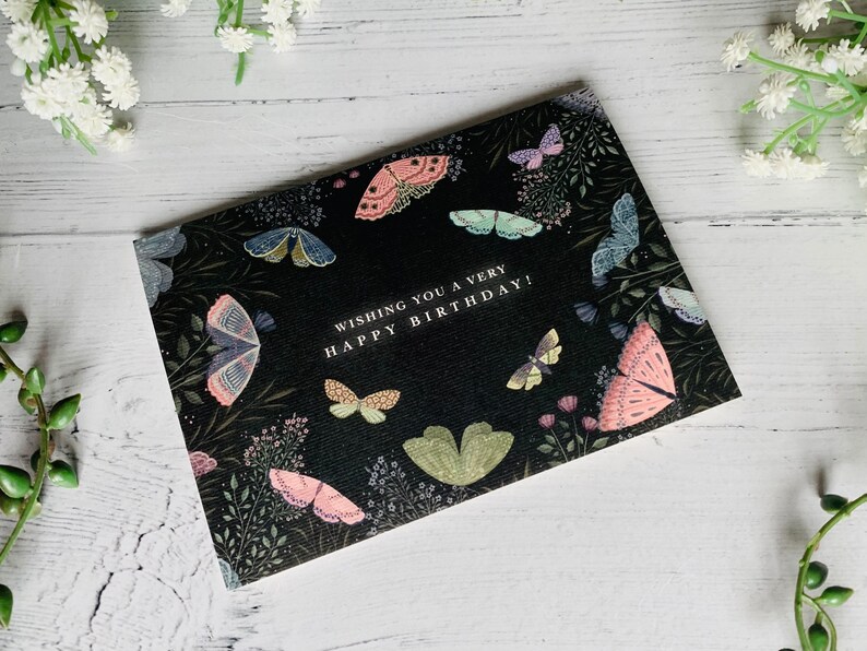 Night Moths Happy Birthday Card Floral Illustrated Card Dark Academia Style Art Butterflies and Flowers Card for Her image 5