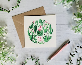 Cactus Greeting Card - Cacti and Succulents Watercolour Illustrated - Botanical Art Notecard - Blank Inside - Envelope Included