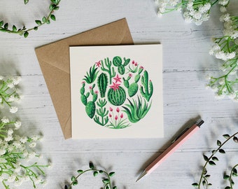 Cactus Greeting Card - Cacti and Succulents Watercolour Illustrated - Botanical Art Notecard - Blank Inside - Envelope Included