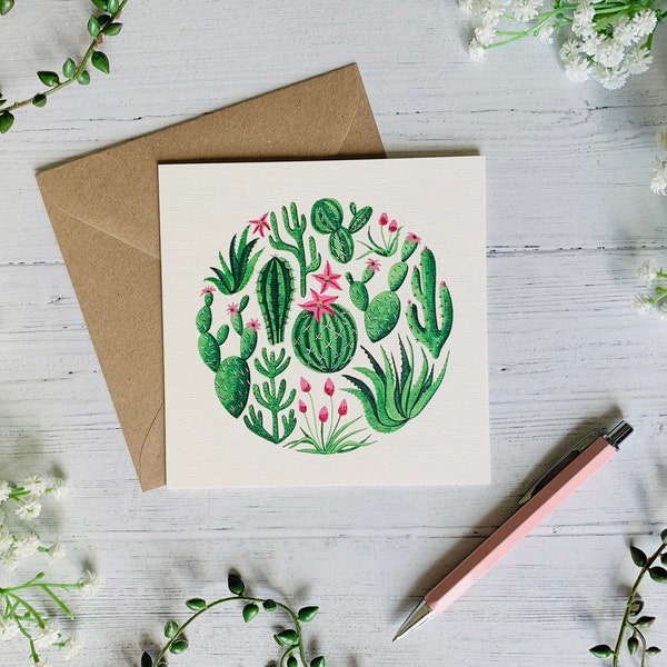 Cactus Greeting Card - Cacti and Succulents Watercolour Illustrated - Botanical Art Notecard - Blank Inside - Envelope Included