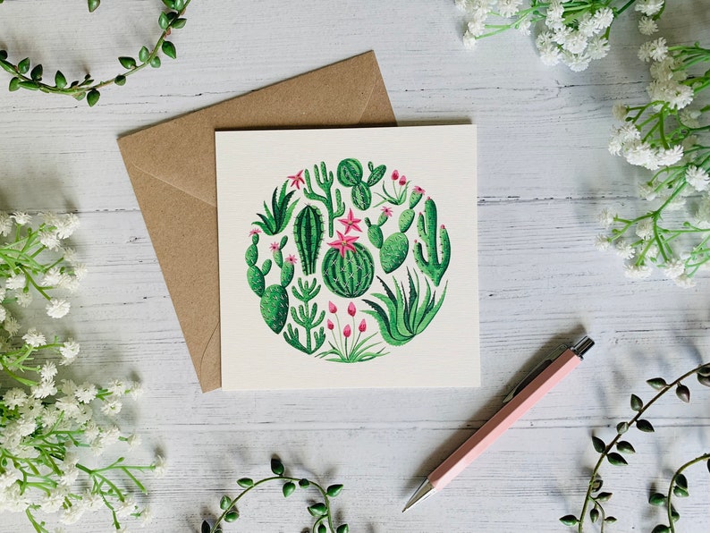 Cactus Greeting Card Cacti and Succulents Watercolour Illustrated Botanical Art Notecard Blank Inside Envelope Included image 1
