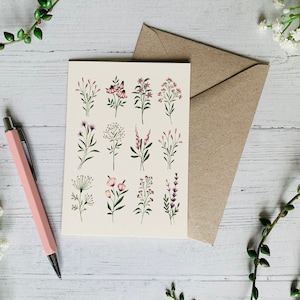 Carte de vœux Mauve Flowers - Pastel Pink Purple Wildflower - Dainty Floral Illustration Art Card - Aquarelle Fleurs - Cartes d’occasion