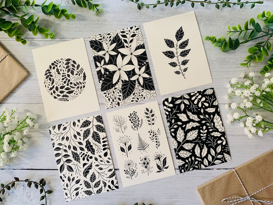 Monochrome Postcard Set of 6 - Black and White - Flowers Leaves ...