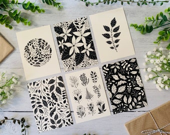 Monochrome Postcard Set of 6 - Black and White - Flowers Leaves - Botanical Pack - Nature Illustrated - A6 Flower Art Cards - Mini Prints