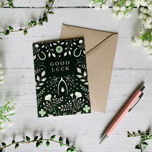 Good Luck Card - Lucky Charms Botanical Illustrated Art - A6 Blank Inside - Lucky Penny, Wishbone, Horse Shoe, Four Leaf Clover