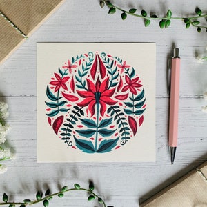 Carte postale de fleurs rouges et vertes - Aquarelle Folk Floral Art Card - Nature Illustrated - Botanical Notecard - Petit tirage