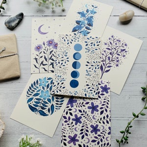 Cosmic Greeting Cards Pack of 6 - Moon & Stars Floral Illustration Art Card Multipack - Watercolour Space - Any Occasion Cards